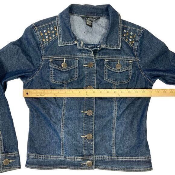Baccini Denim Jacket Womens Size Medium Blue Dark Washed Embellished Button Up - Picture 12 of 16